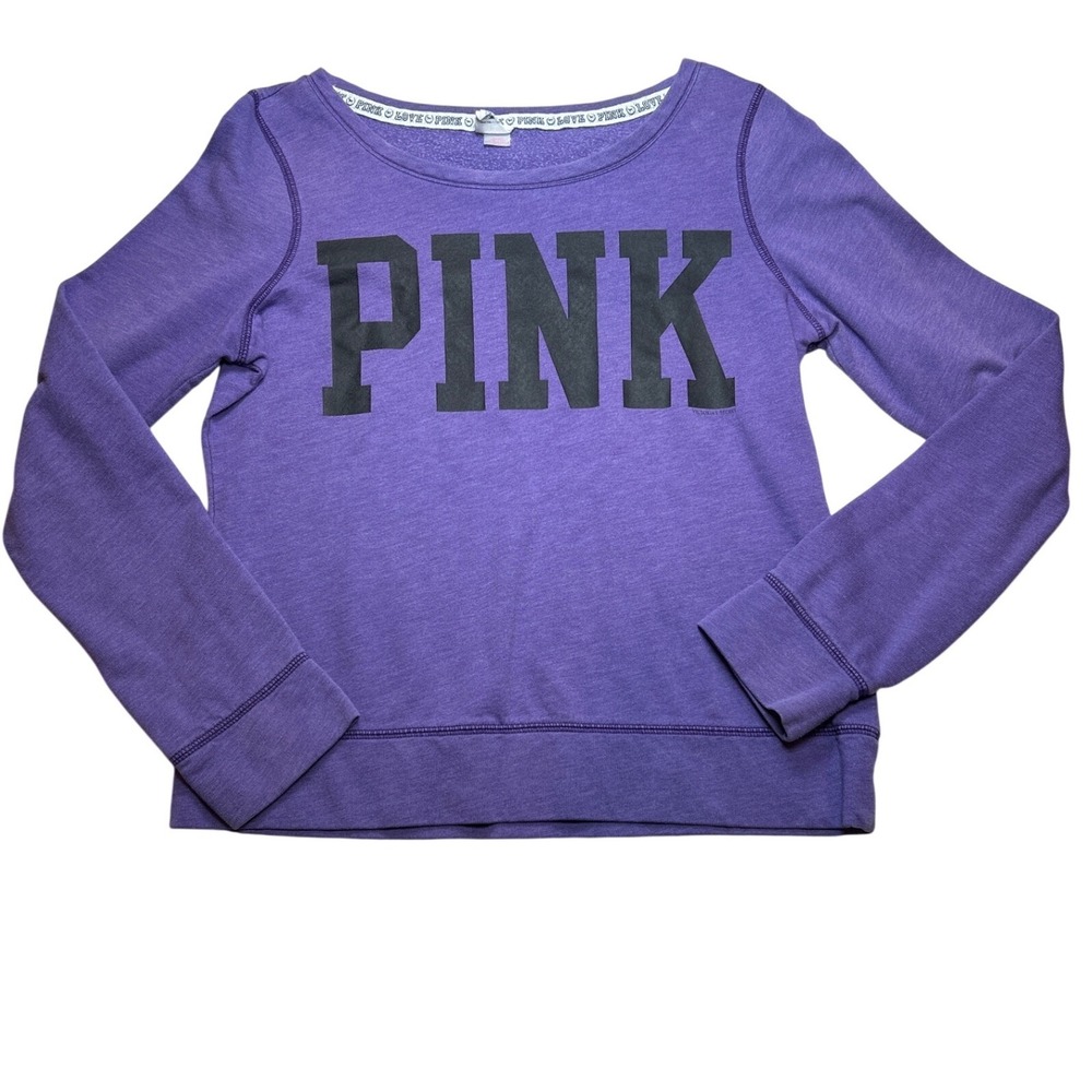 Victoria's Secret PINK Purple‎ Logo Pullover Sweatshirt Womens Medium Boat Neck